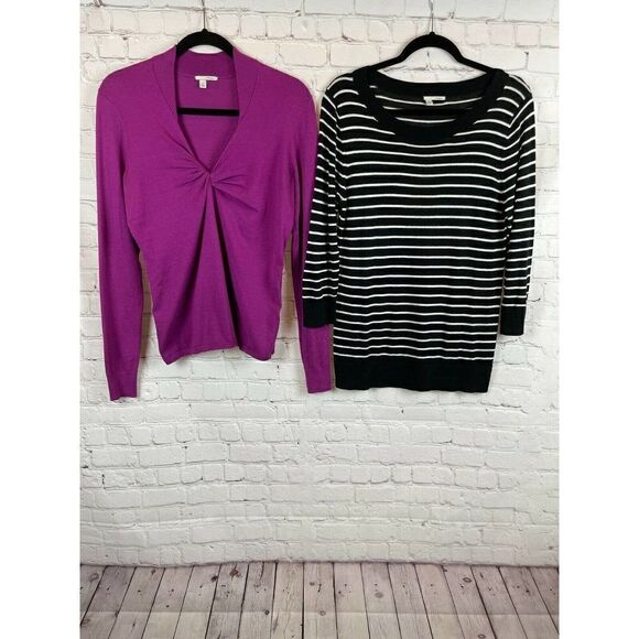 HALOGEN Nordstrom set of 2 violet white black striped front knot pullover top M - Picture 1 of 12